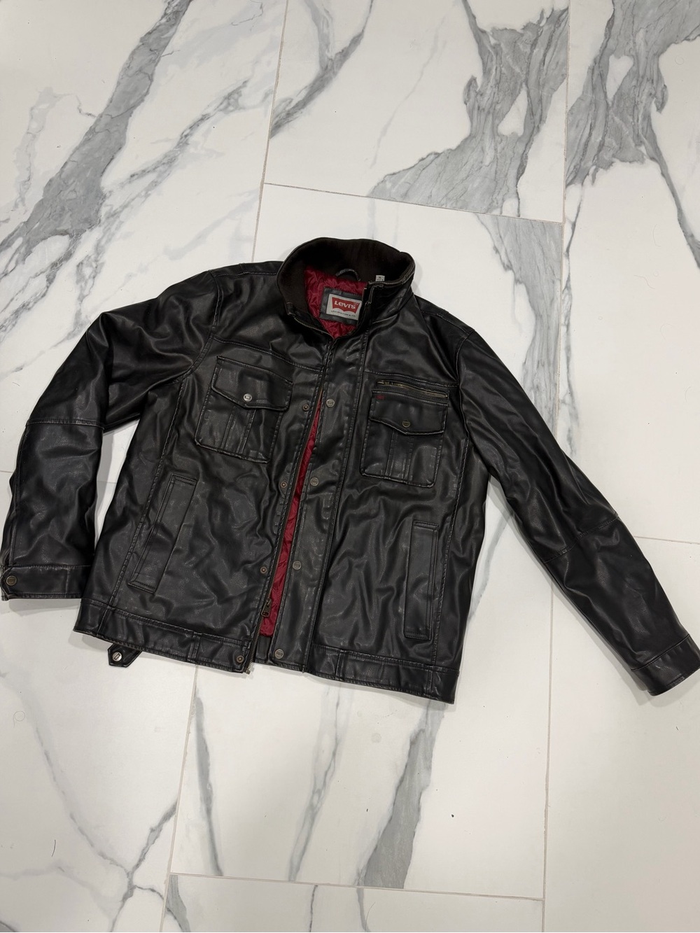 Levi’s Men’s XL Black PU Leather Moto Jacket Red Quilted Lining